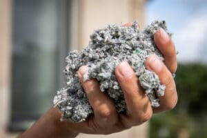 Person holding a handful of Cellulose insulation.